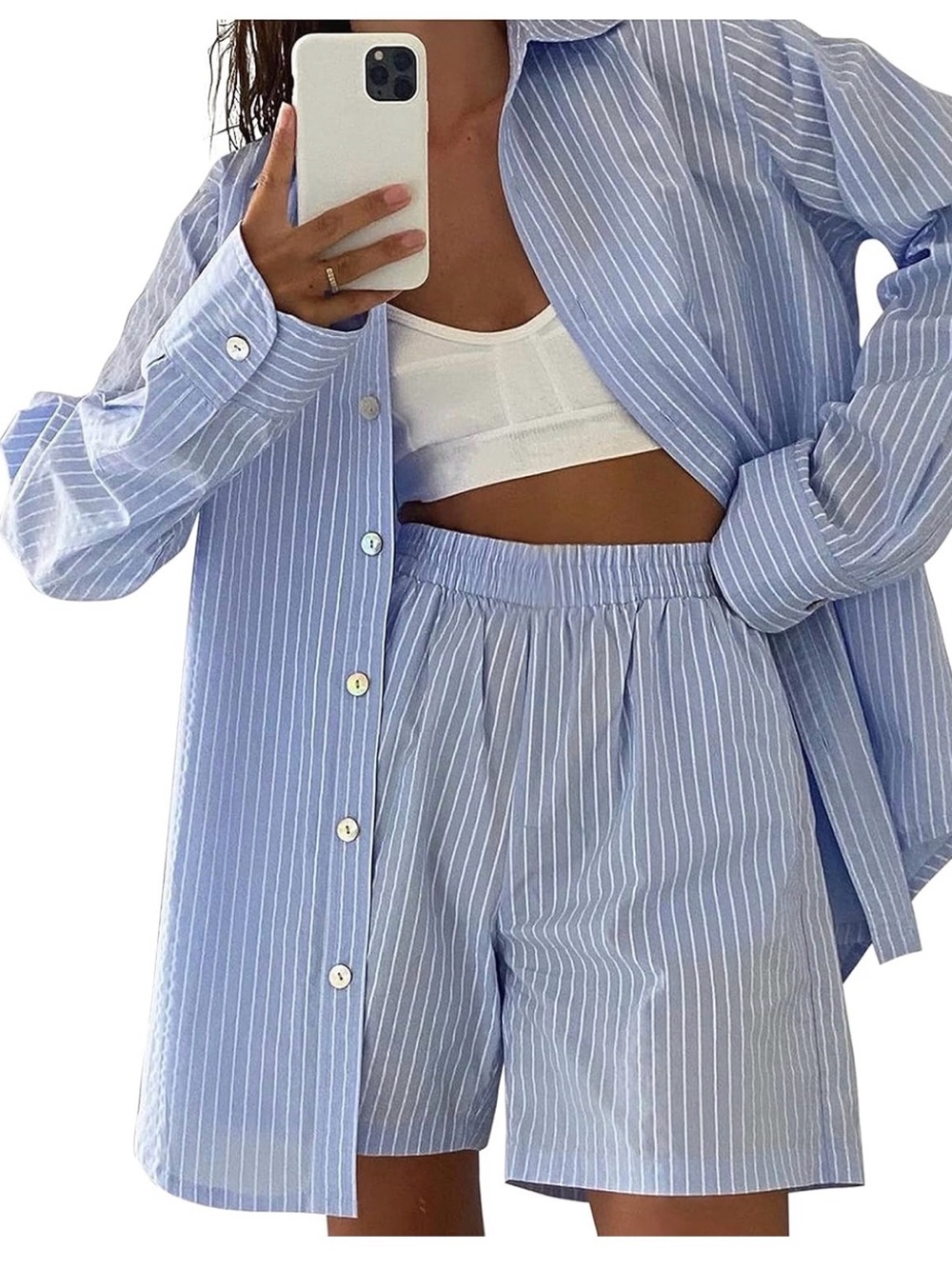 Amazon Light Blue Pinstripe Button-Down Shirt & Shorts set